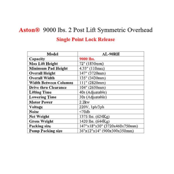 Second image of Aston® 9000 lbs. 2 Post Lift Symmetric Overhead Single Point Lock Release